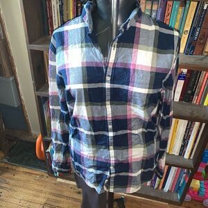 Express soft wash L purple & blue plaid button down shirt
